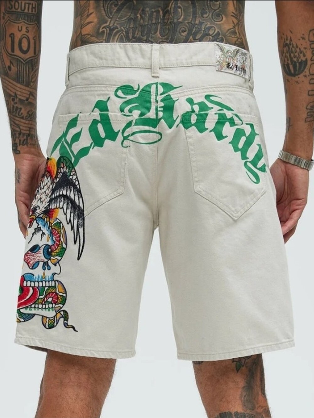 NWT Ed Hardy Battle Skull Skater Denim Loose Fit Mens Casual Shorts - Khaki